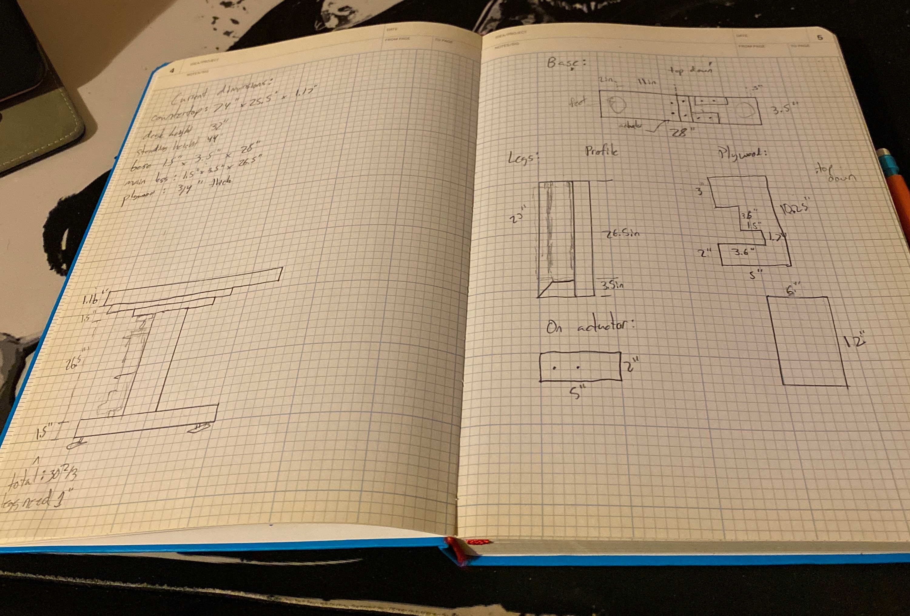 Hand drawn sketch of the standing desk design